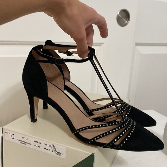 Anthropologie Pointed T-Strap Black Suede Rhinestone Heels - Picture 4 of 15